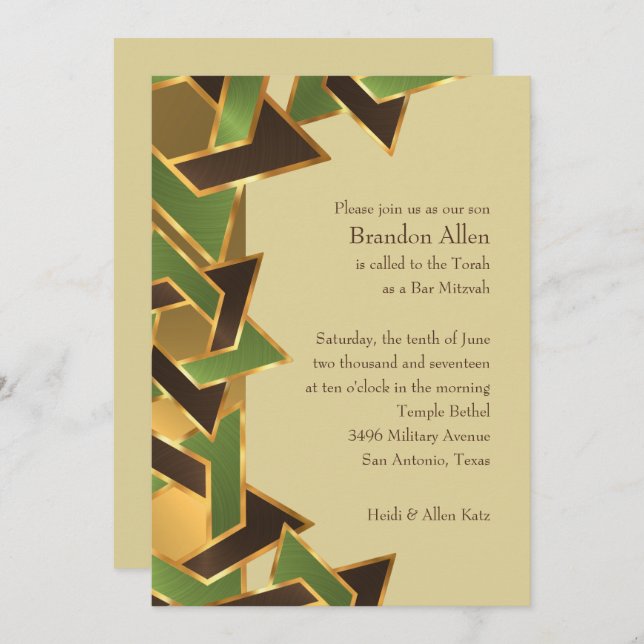 Bar Mitzvah Gold Green Brown Star of David Invitation (Front/Back)