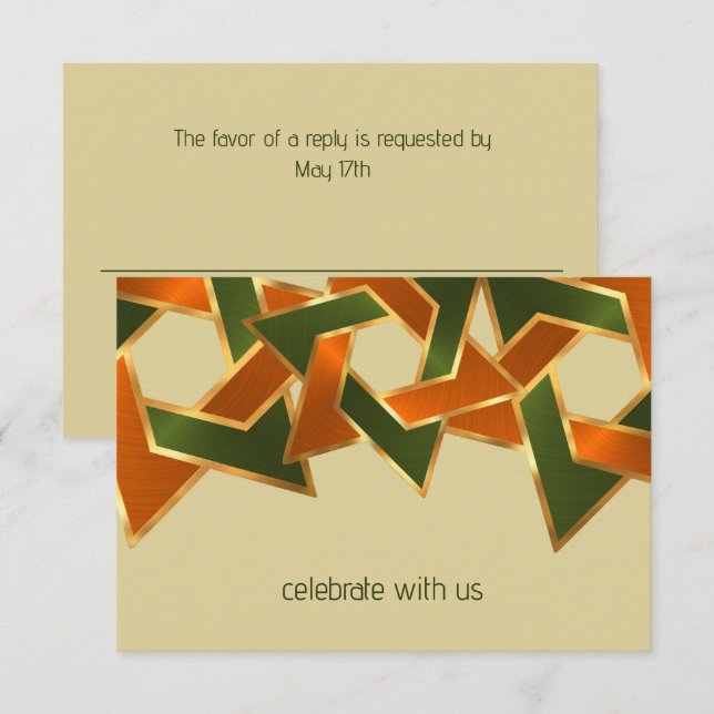 Bar Mitzvah Gold Green Orange Star of David Invitation (Front/Back)