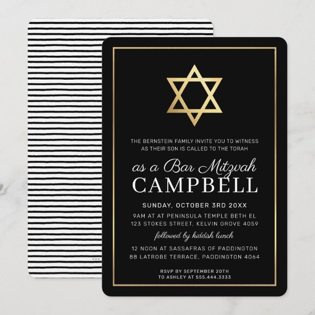 BAR MITZVAH gold star simple modern black white Invitation (Front/Back)