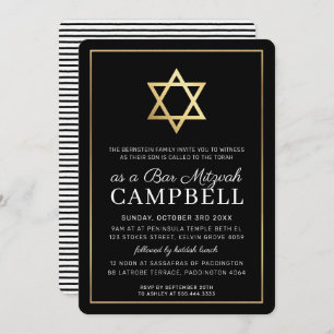 BAR MITZVAH gold star simple modern black white Invitation