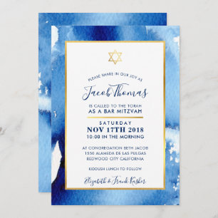 BAR MITZVAH gold star smart blue watercolor invite