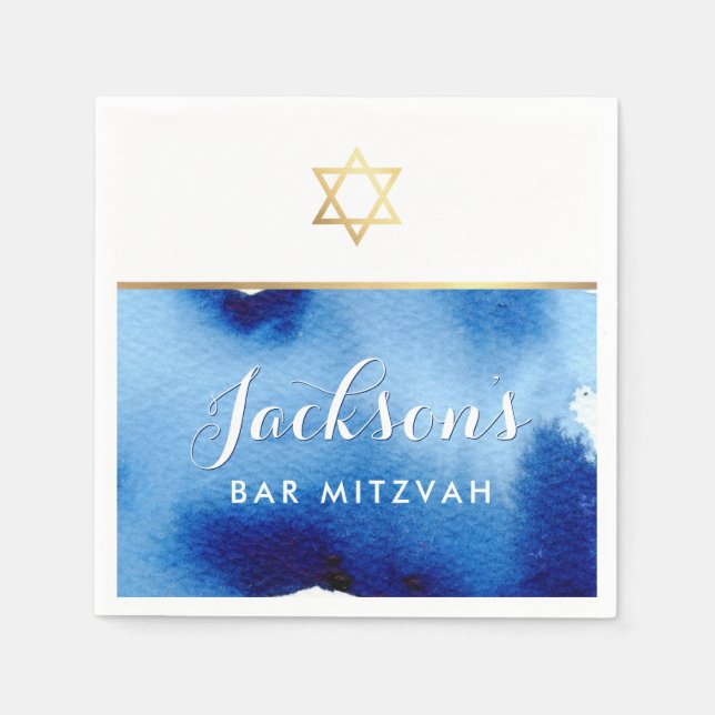BAR MITZVAH gold star smart blue watercolor Napkin (Front)