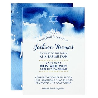 BAR MITZVAH gold stylish blue watercolor invite