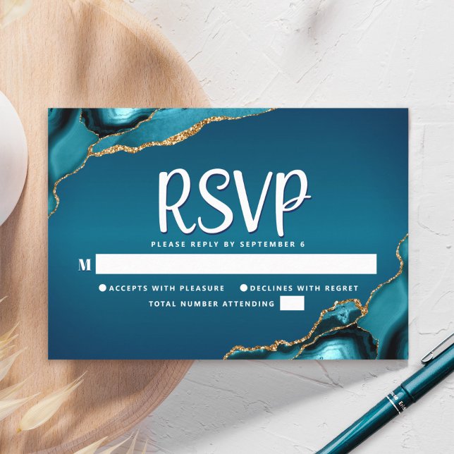 Bar Mitzvah Gold Turquoise Ombre Agate Script Bold RSVP Card (Creator Uploaded)