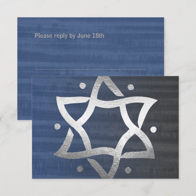 Bar Mitzvah Gray and Blue Wooden Silver Star RSVP (Front/Back)
