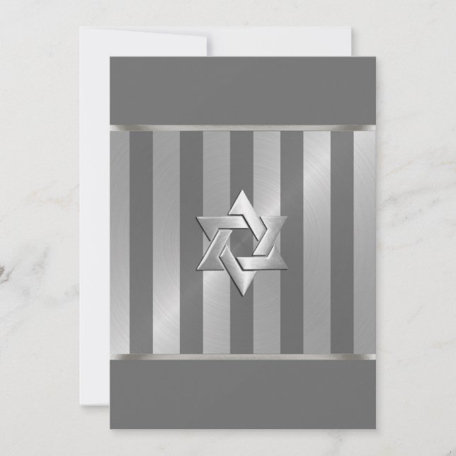 Bar Mitzvah Gray and Silver Stripe Star of David Invitation (Front)