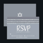 Bar Mitzvah Gray Silver Tallit Script Bold Modern RSVP Card<br><div class="desc">Be proud, rejoice and celebrate this milestone of your favorite Bar Mitzvah with this cool, unique, modern, personalized RSVP insert card for your event! . Bold, white script typography, Star of David, and a soft gray and silver glitter striped tallit inspired graphic overlay a simple, lighter soft gray background. Personalize...</div>