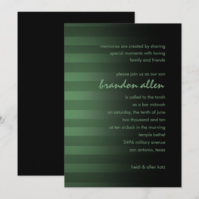 Bar Mitzvah Green and Black Horizontal Stripes Invitation (Front/Back)