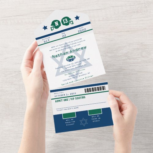 Bar Mitzvah Green Blue Football Sports Ticket All In One Invitation