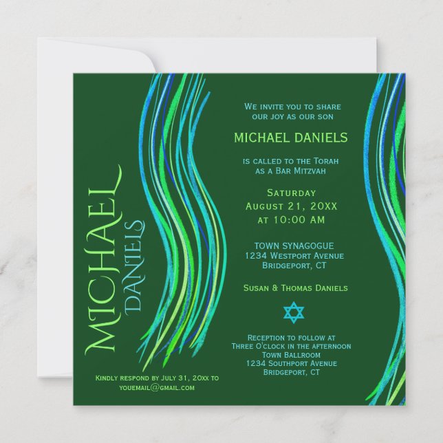 Bar Mitzvah Green Prayer Shawl Invitation (Front)