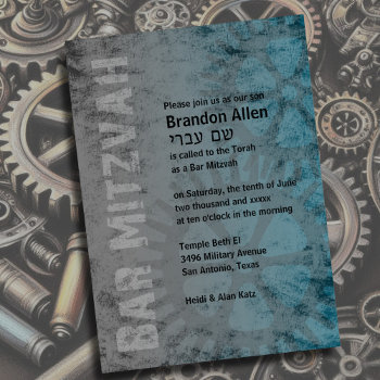 Bar Mitzvah Industrial Grunge Teal Invitation by TailoredType at Zazzle