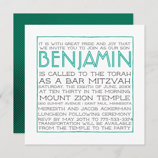 Bar Mitzvah Invitation - 2018 Pantone Arcadia (Front/Back)