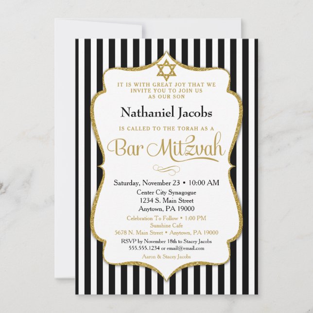 Bar Mitzvah Invitation Black Gold Elegant Stripe (Front)