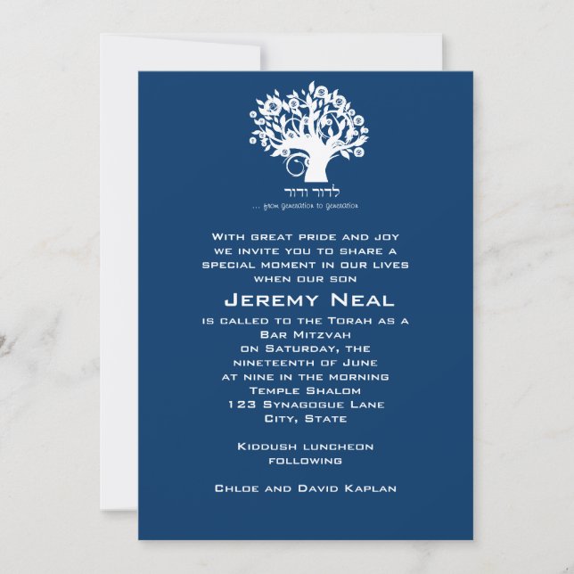 Bar Mitzvah Invitation Navy Tree of Life (Front)