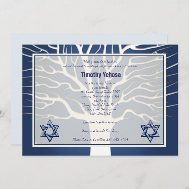 Bar Mitzvah Invitation Navy Tree of Live (Front/Back)