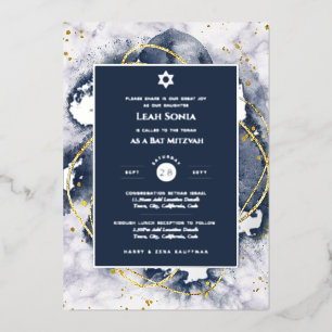 Bar Mitzvah Invitation Real Foil Agate Gold Blue
