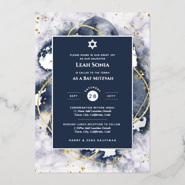 Bar Mitzvah Invitation Real Foil Agate Gold Blue (Front)