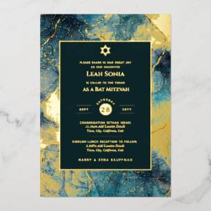 Bar Mitzvah Invitation Real Foil Agate Gold Blue