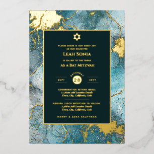 Bar Mitzvah Invitation Real Foil Agate Gold Blue