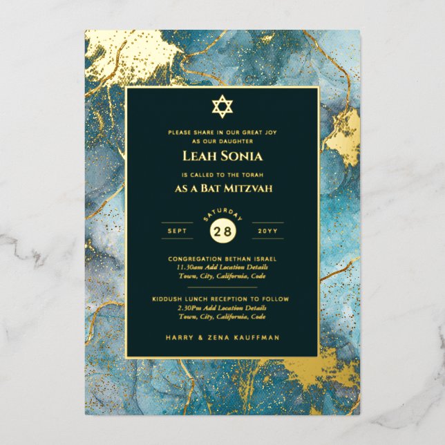 Bar Mitzvah Invitation Real Foil Agate Gold Blue (Front)