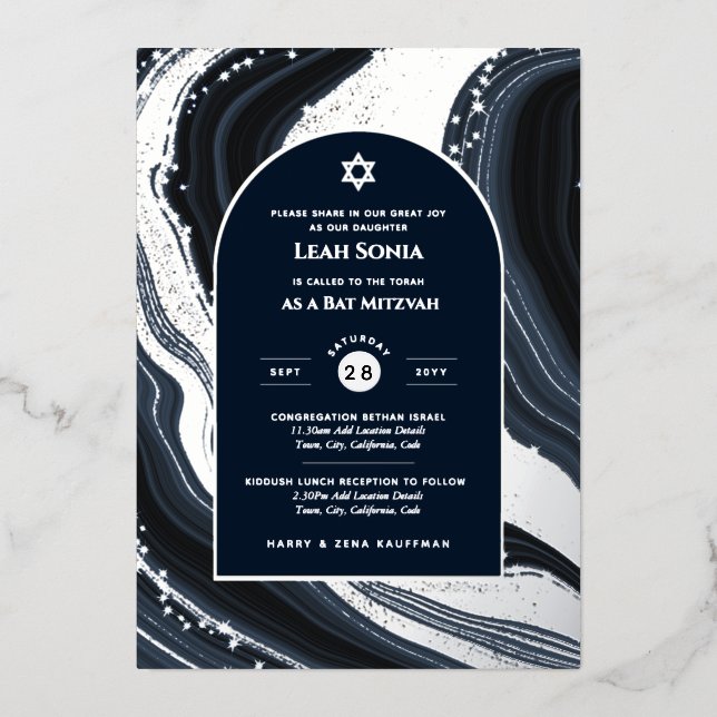 Bar Mitzvah Invitation Real Foil Agate Gold Blue Foil Invitation (Front)