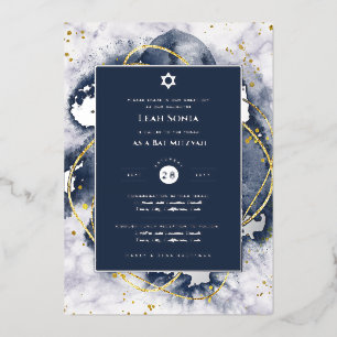 Bar Mitzvah Invitation Real Foil Agate Gold Blue Foil Invitation