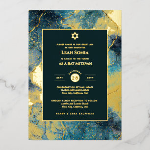 Bar Mitzvah Invitation Real Foil Agate Gold Blue Foil Invitation