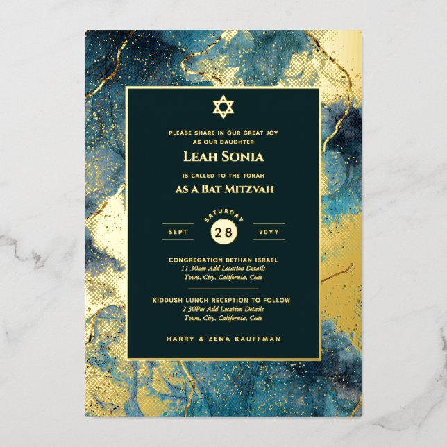Bar Mitzvah Invitation Real Foil Agate Gold Blue Foil Invitation (Front)
