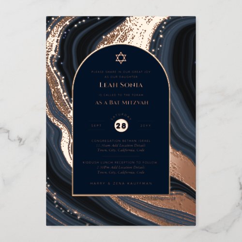 Bar Mitzvah Invitation Real Foil Agate Gold Blue Foil Invitation