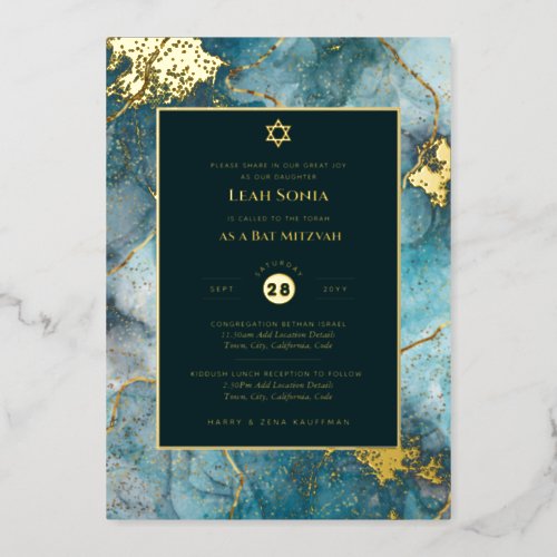 Bar Mitzvah Invitation Real Foil Agate Gold Blue Foil Invitation