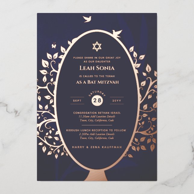 Bar Mitzvah Invitation REAL FOIL Tree of Life Gold (Front)