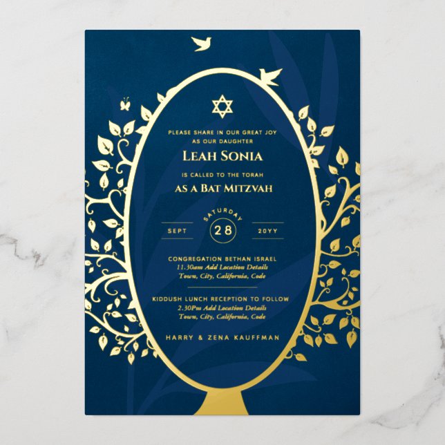 Bar Mitzvah Invitation REAL FOIL Tree of Life Gold (Front)