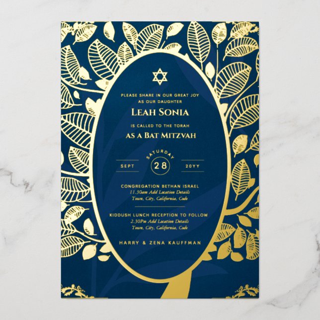 Bar Mitzvah Invitation REAL FOIL Tree of Life Gold Foil Invitation (Front)