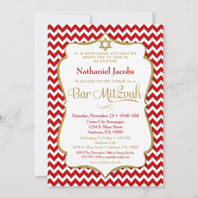 Bar Mitzvah Invitation Red Gold Elegant Chevron (Front)