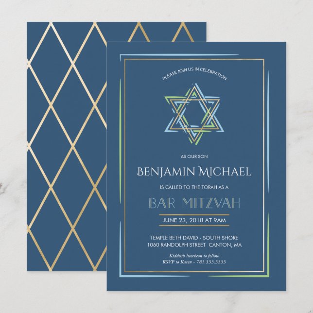 Bar Mitzvah Invitation - Star of David w/ Gold (Front/Back)