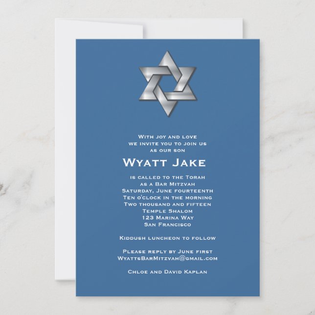 Bar Mitzvah Invitation Wyatt Jewish Star Blue (Front)