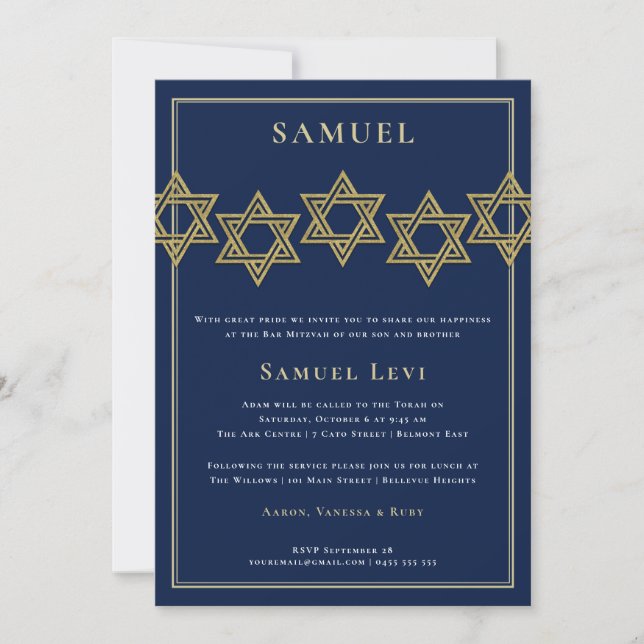 Bar Mitzvah Invitations | Gold Star of David (Front)