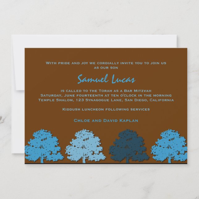 Bar Mitzvah Invitations Samuel Lucas Blue Trees (Front)