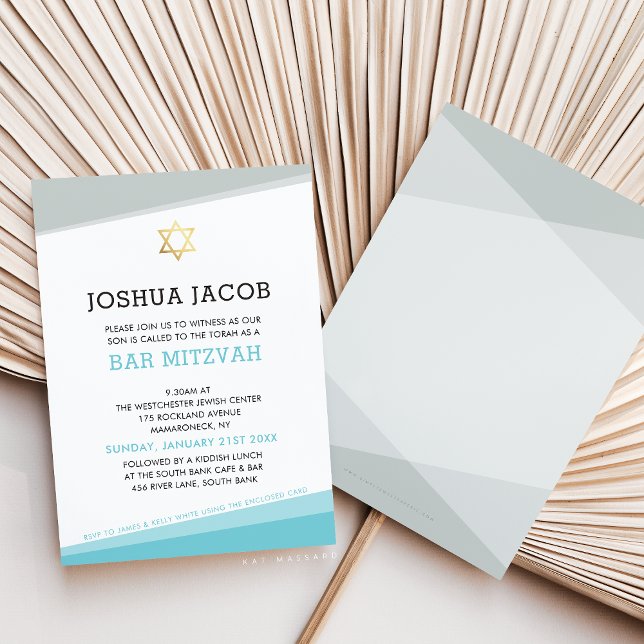 BAR MITZVAH INVITE cool modern turquoise blue grey (Creator Uploaded)