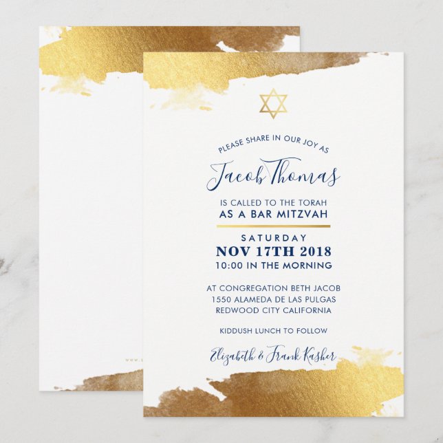 BAR MITZVAH INVITE modern gilded gold navy blue (Front/Back)