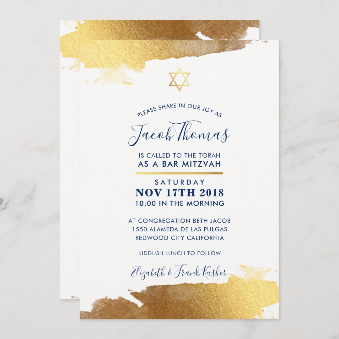 BAR MITZVAH INVITE modern gilded gold navy blue | Zazzle