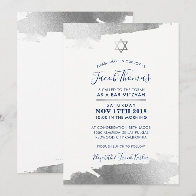 BAR MITZVAH INVITE modern gilded silver navy blue (Front/Back)