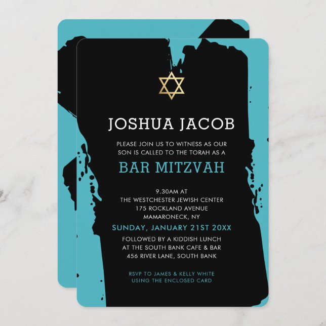 BAR MITZVAH INVITE modern grunge turquoise blue (Front/Back)