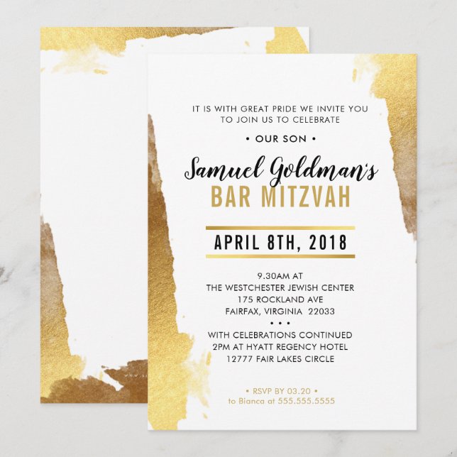 BAR MITZVAH INVITE modern luxe gilded gold border (Front/Back)
