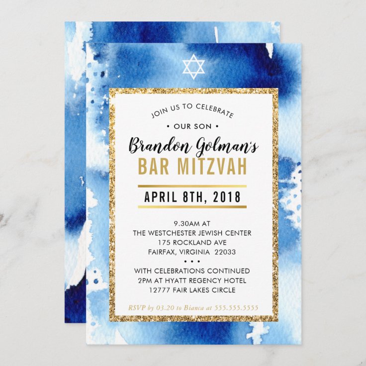 BAR MITZVAH INVITE modern watercolor cool blue | Zazzle