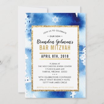 BAR MITZVAH INVITE modern watercolor cool blue | Zazzle