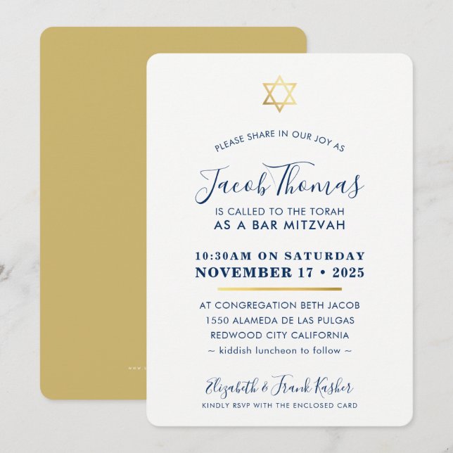 BAR MITZVAH INVITE simple modern gold navy blue (Front/Back)
