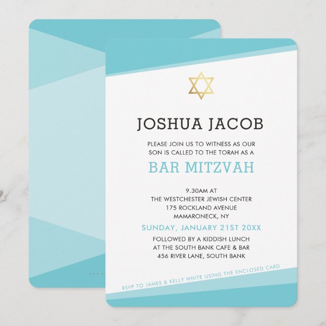 BAR MITZVAH INVITE simple modern turquoise blue (Front/Back)