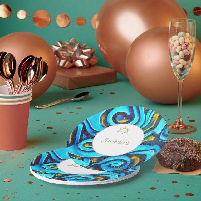 Bar Mitzvah Jewish Modern Blue Pattern  Paper Plates (Multi)