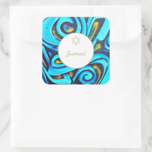 Bar Mitzvah Jewish Modern Blue Pattern Square Sticker